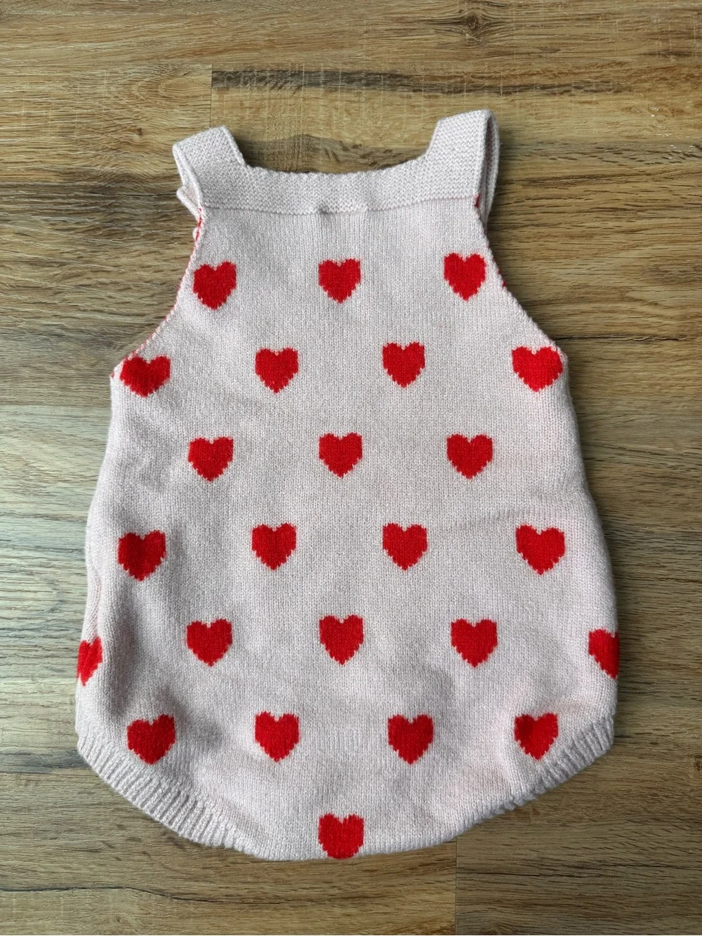 Pink Knit Baby Romper with Red Heart Pattern